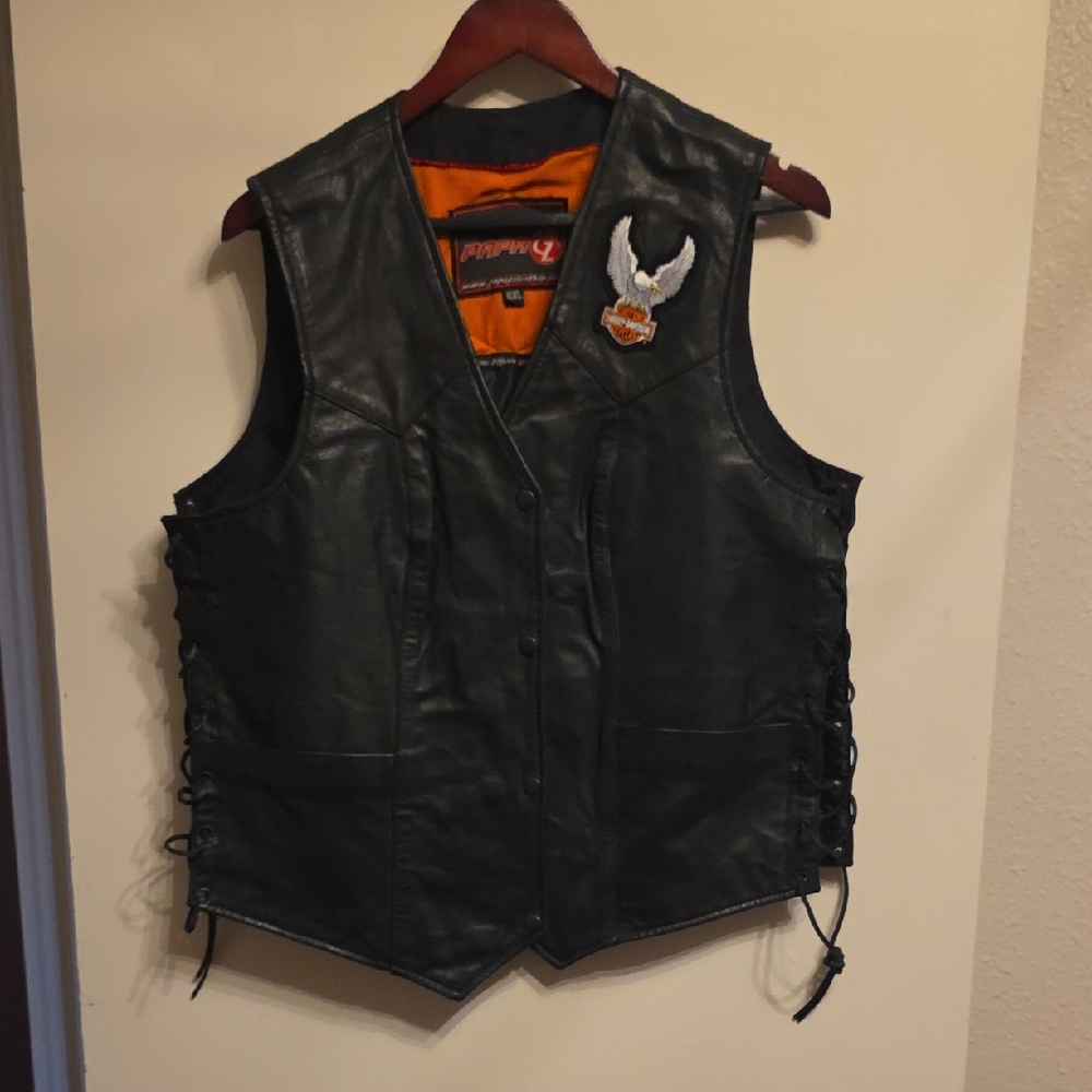 Men's Black Leather Adjustible Side Motorcycle Vest with Harley Patches